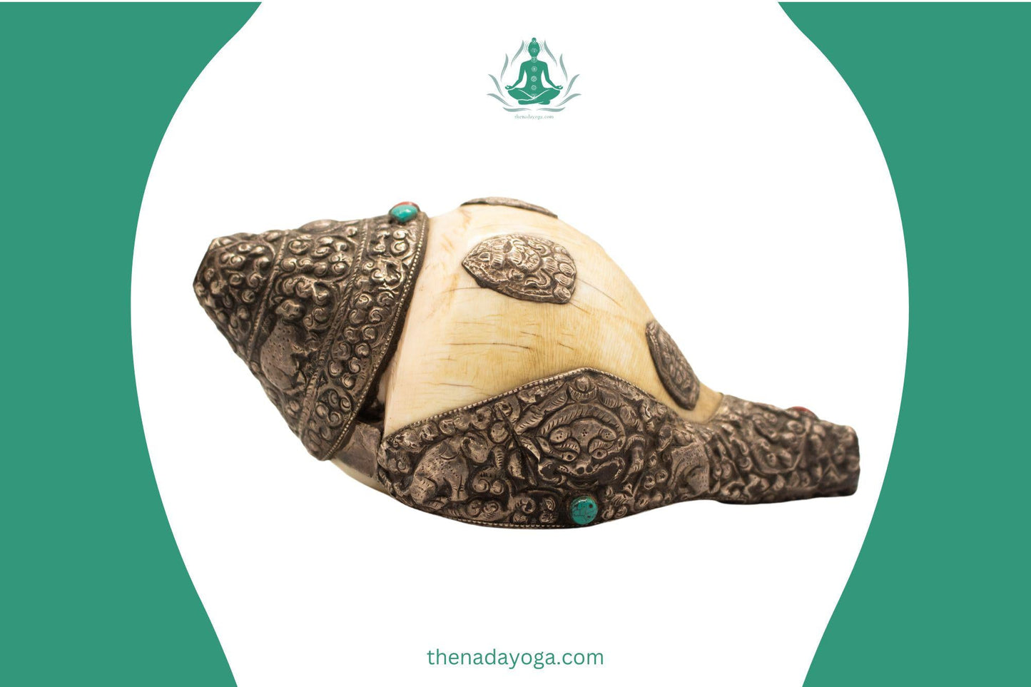Handcrafted Tibetan Conch Shell – Sacred Shankha with Silver & Turquoise Inlay – Spiritual Ritual Artifact The Nada Yoga