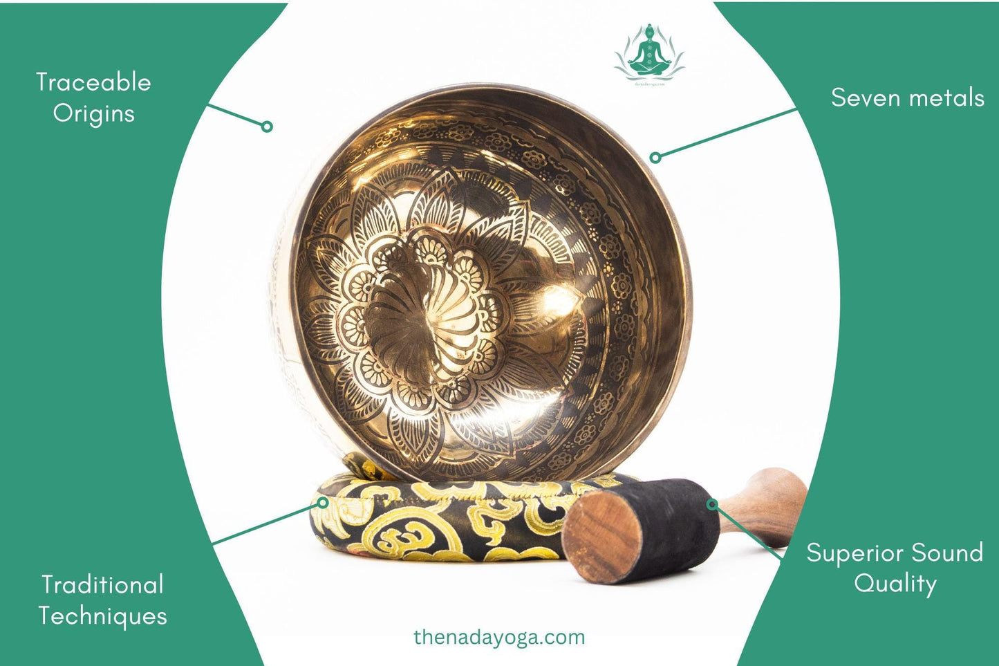 Hand Hammered Tibetan Singing Bowl Set - Lotus Design, Nepal The Nada Yoga