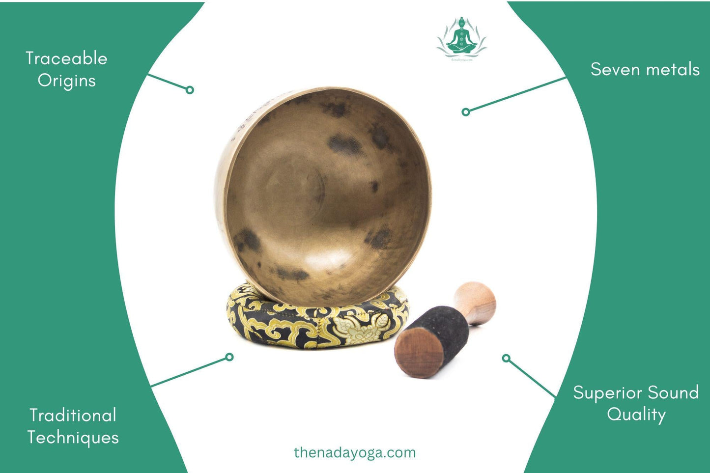 Handmade Tibetan Singing Bowl – Ancient Gold Bronze, Yoga Meditation Set The Nada Yoga