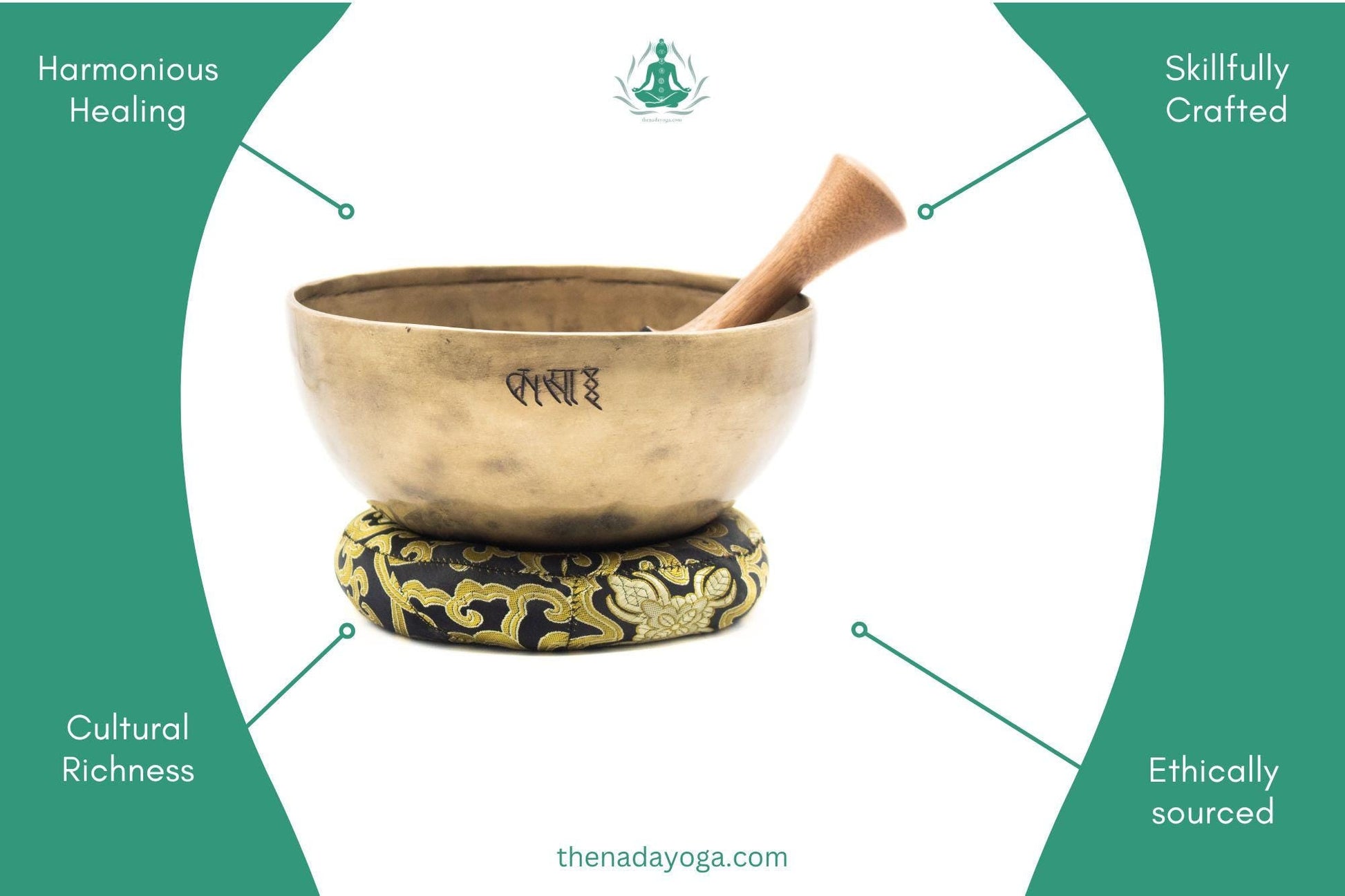 Handmade Tibetan Singing Bowl – Ancient Gold Bronze, Yoga Meditation Set The Nada Yoga