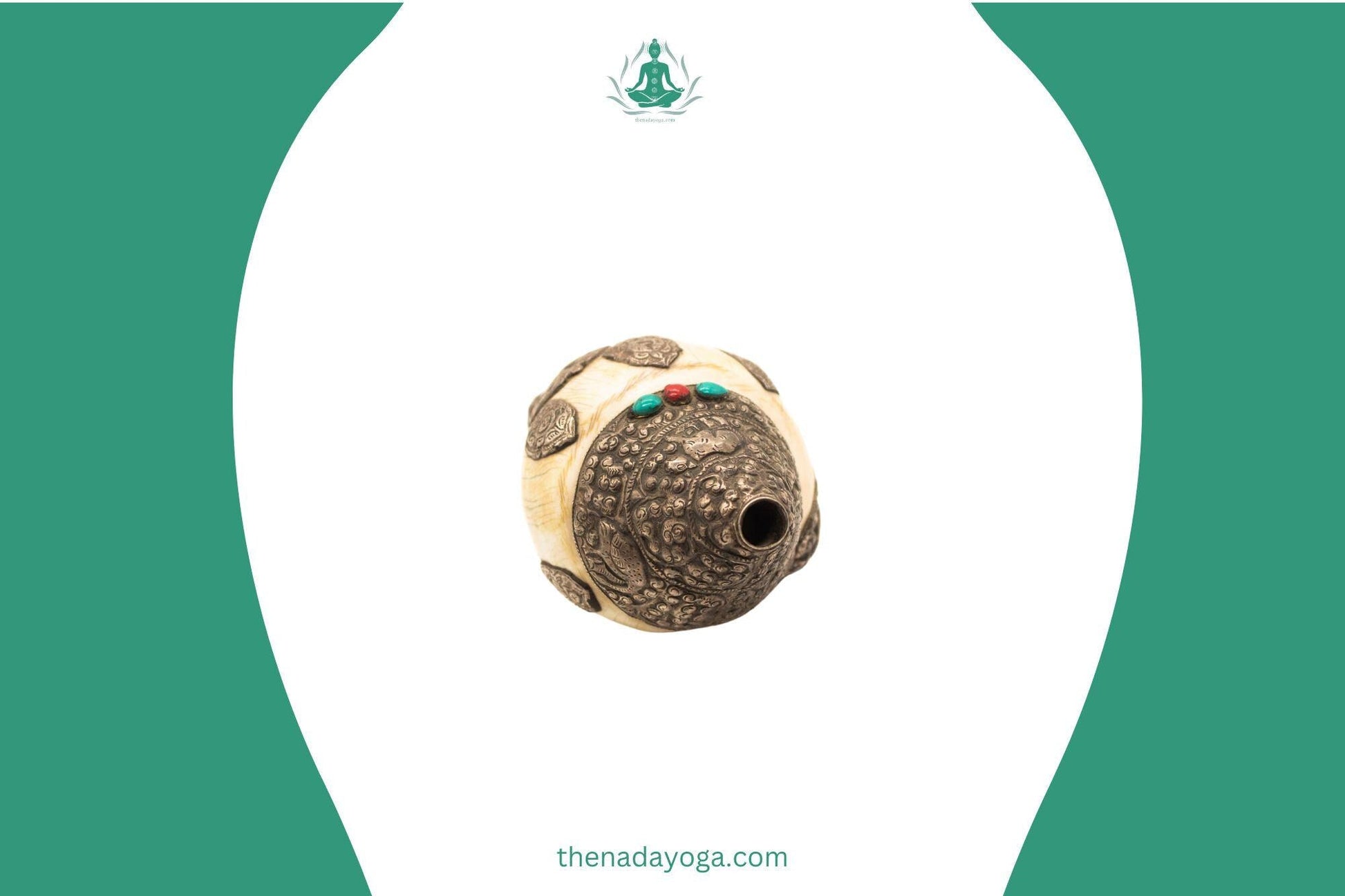 Handcrafted Tibetan Conch Shell – Sacred Shankha with Silver & Turquoise Inlay – Spiritual Ritual Artifact The Nada Yoga