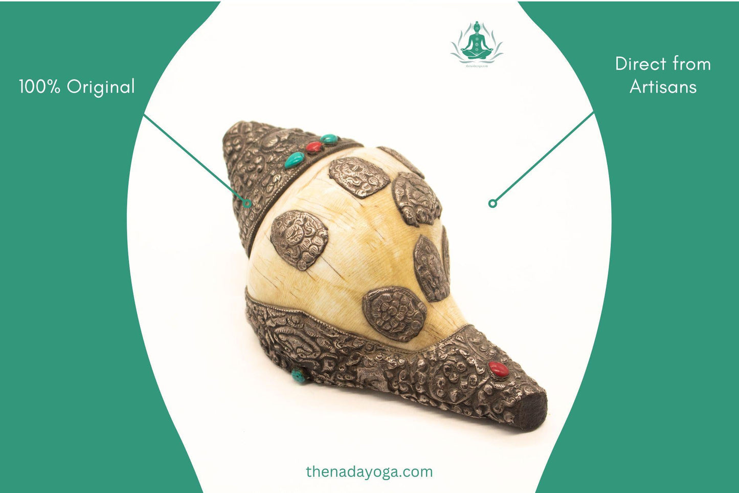 Handcrafted Tibetan Conch Shell – Sacred Shankha with Silver & Turquoise Inlay – Spiritual Ritual Artifact The Nada Yoga