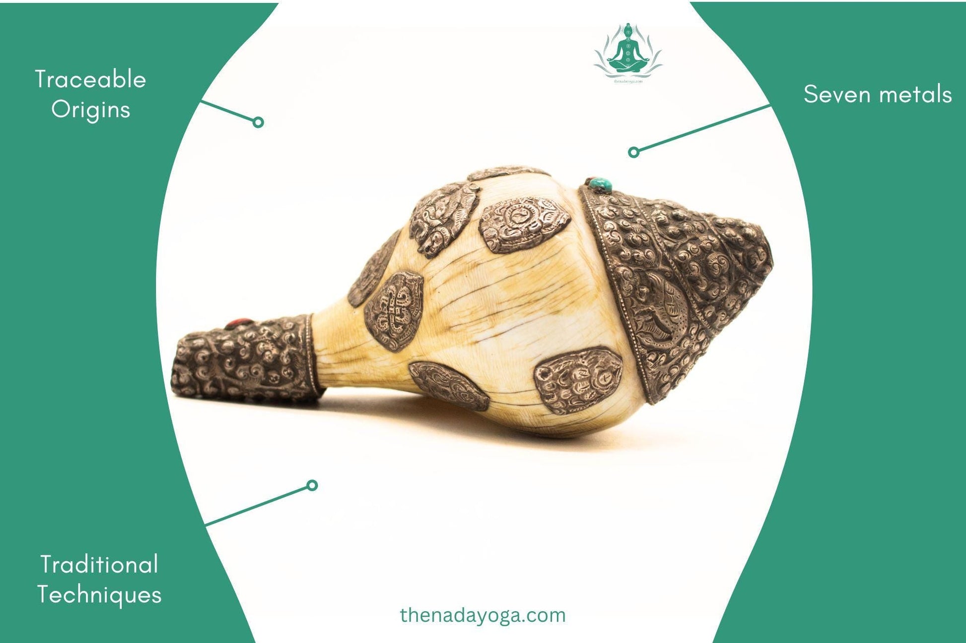 Handcrafted Tibetan Conch Shell – Sacred Shankha with Silver & Turquoise Inlay – Spiritual Ritual Artifact The Nada Yoga