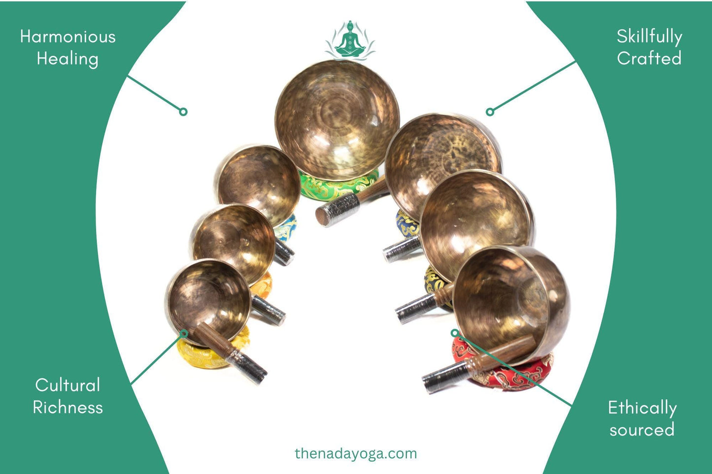 Hand-Hammered 7 Chakra Singing Bowl Full Moon Set – Sound Healing & Meditation Bowl The Nada Yoga