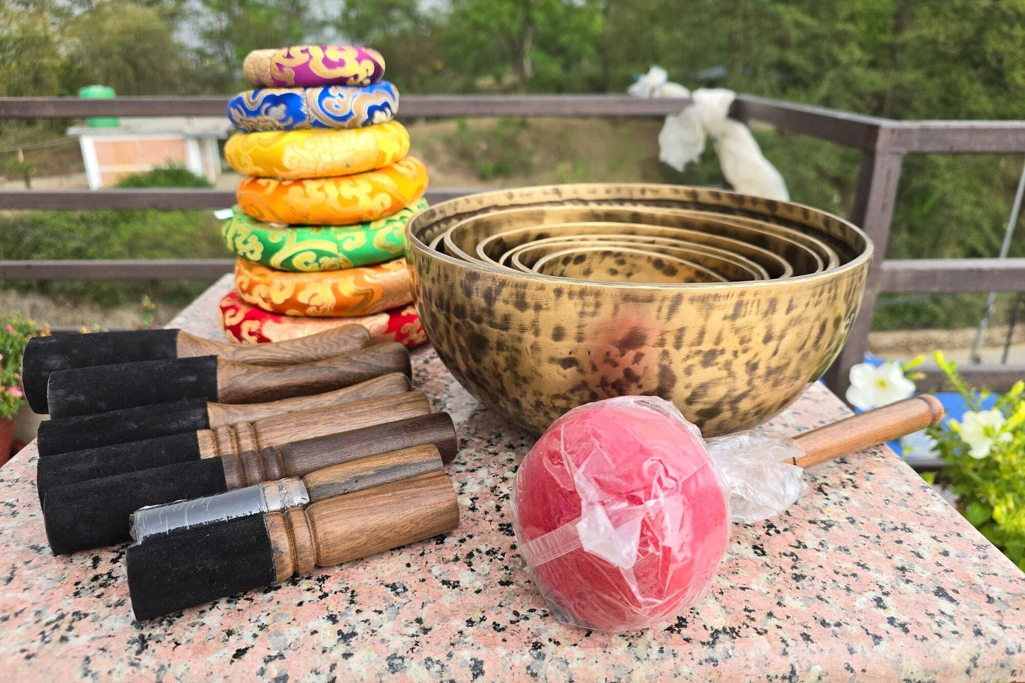 Handmade Antique Carved Singing Bowl Set: Tibetan Sound Healing