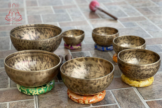 Tiger Eye Tibetan Singing Bowl Set: 7 Chakra Tuned, Handcrafted in Nepal