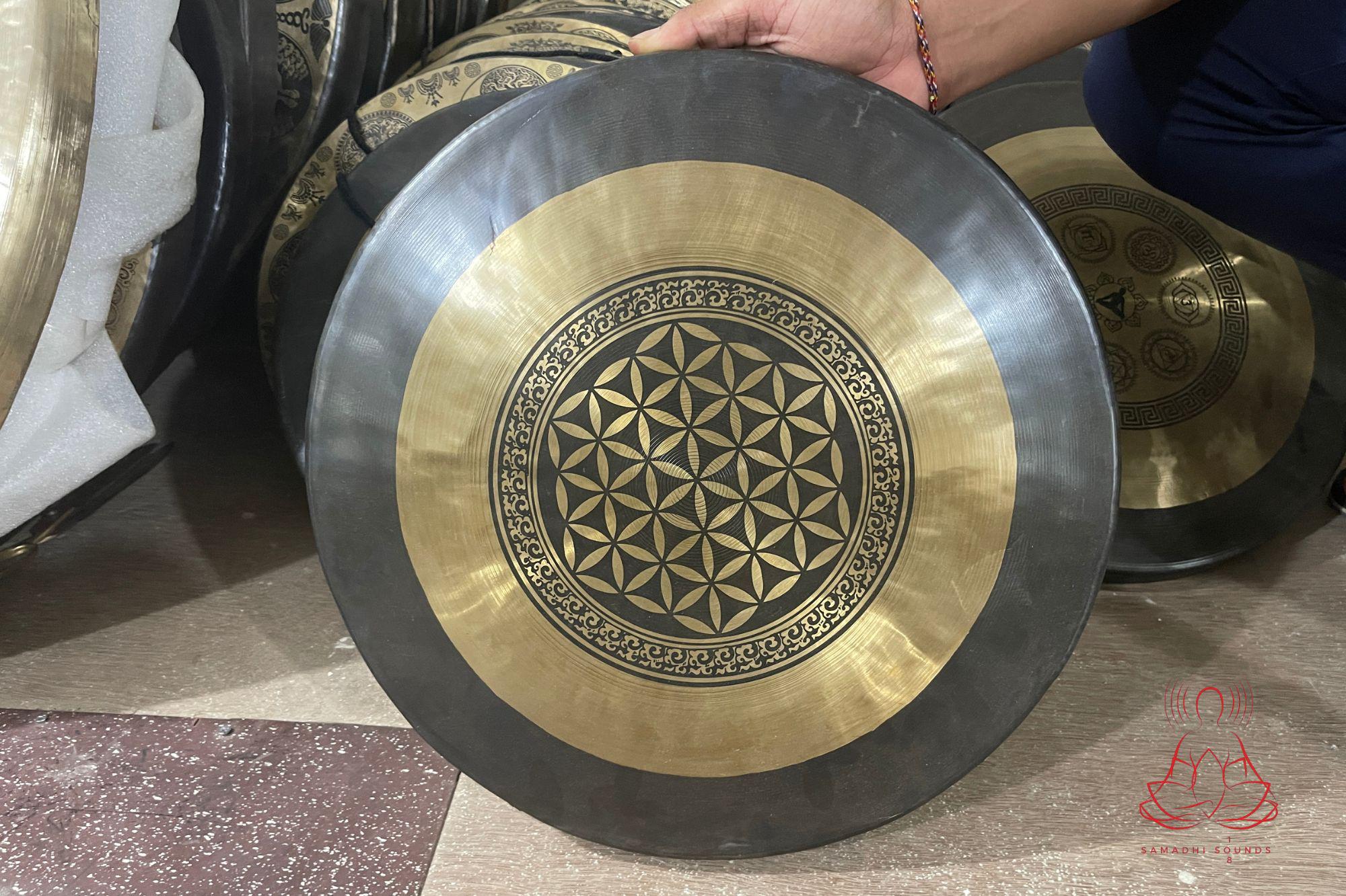 Hand-Etched Tibetan Bronze Gong: Sacred Mandala Designs, Made in Nepal