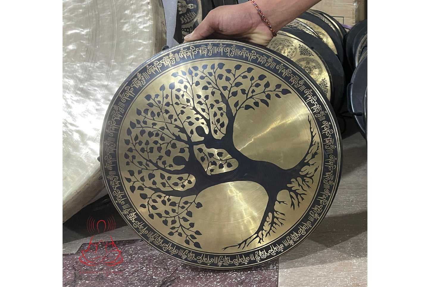 Handmade Tibetan Gong: Tree of Life, Sacred Symbol - Hand-Etched in Nepal