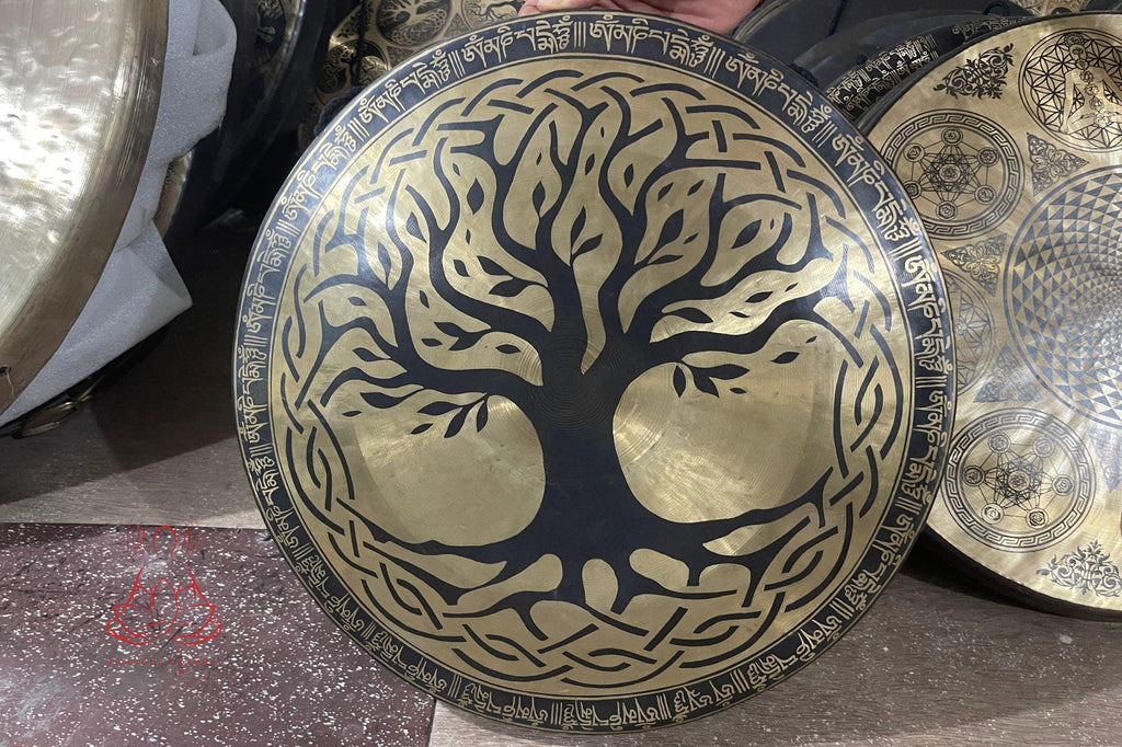 Handmade Tibetan Gong: Tree of Life, Sacred Symbol - Hand-Etched in Nepal