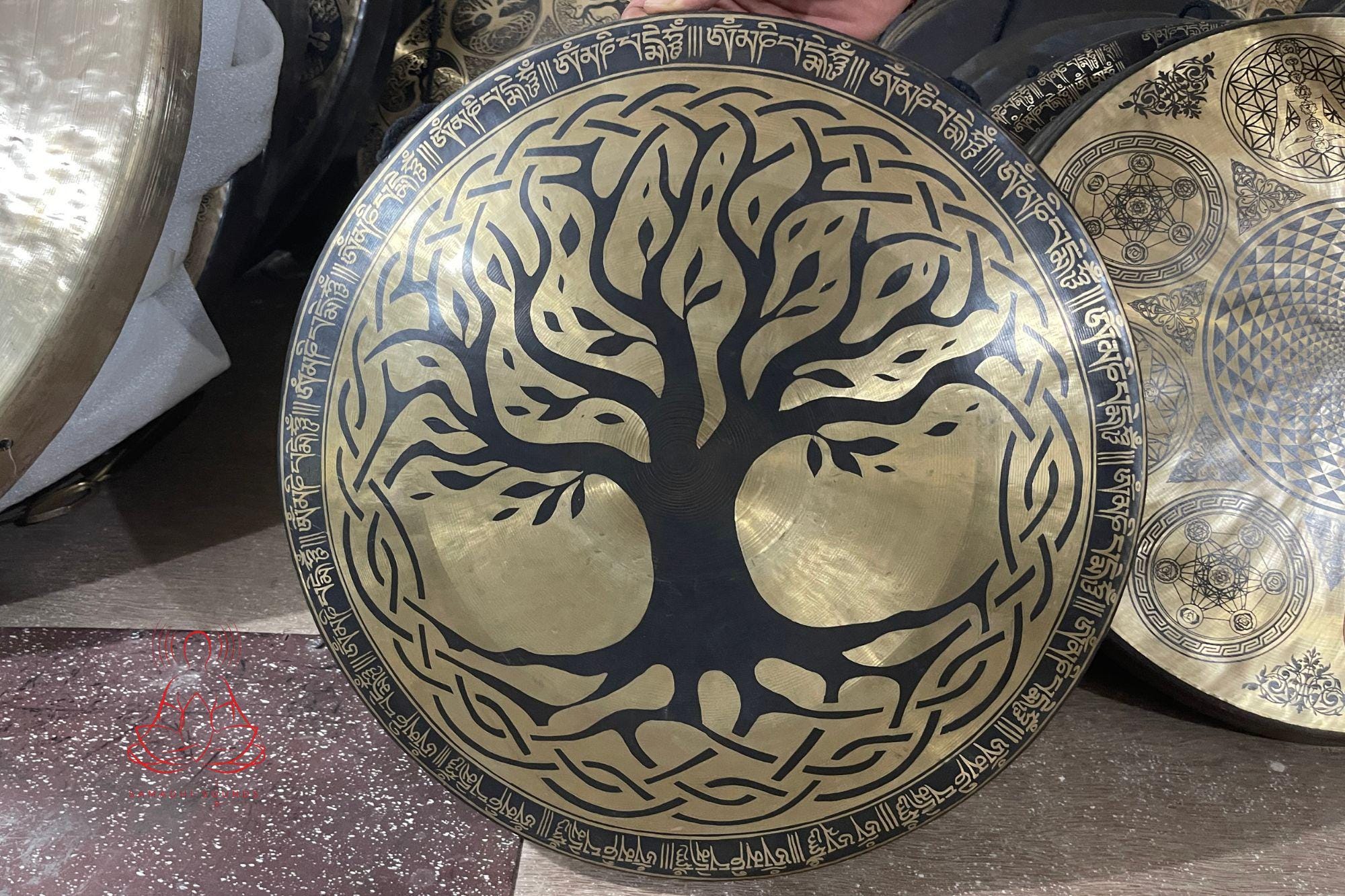Handmade Tibetan Gong: Tree of Life, Sacred Symbol - Hand-Etched in Nepal