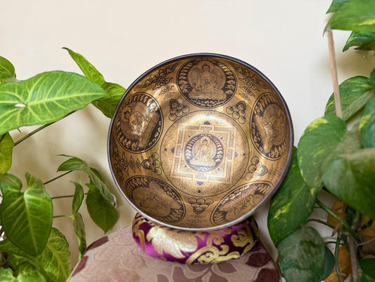 Handmade Full Moon Tibetan Singing Bowl | Buddha Mandala Engraved