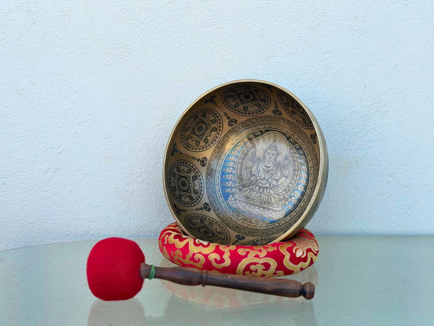 Handmade Tibetan Singing Bowl with Avalokiteshvara Design | Seven Metal Sound Healing Bowl | Spiritual Decor