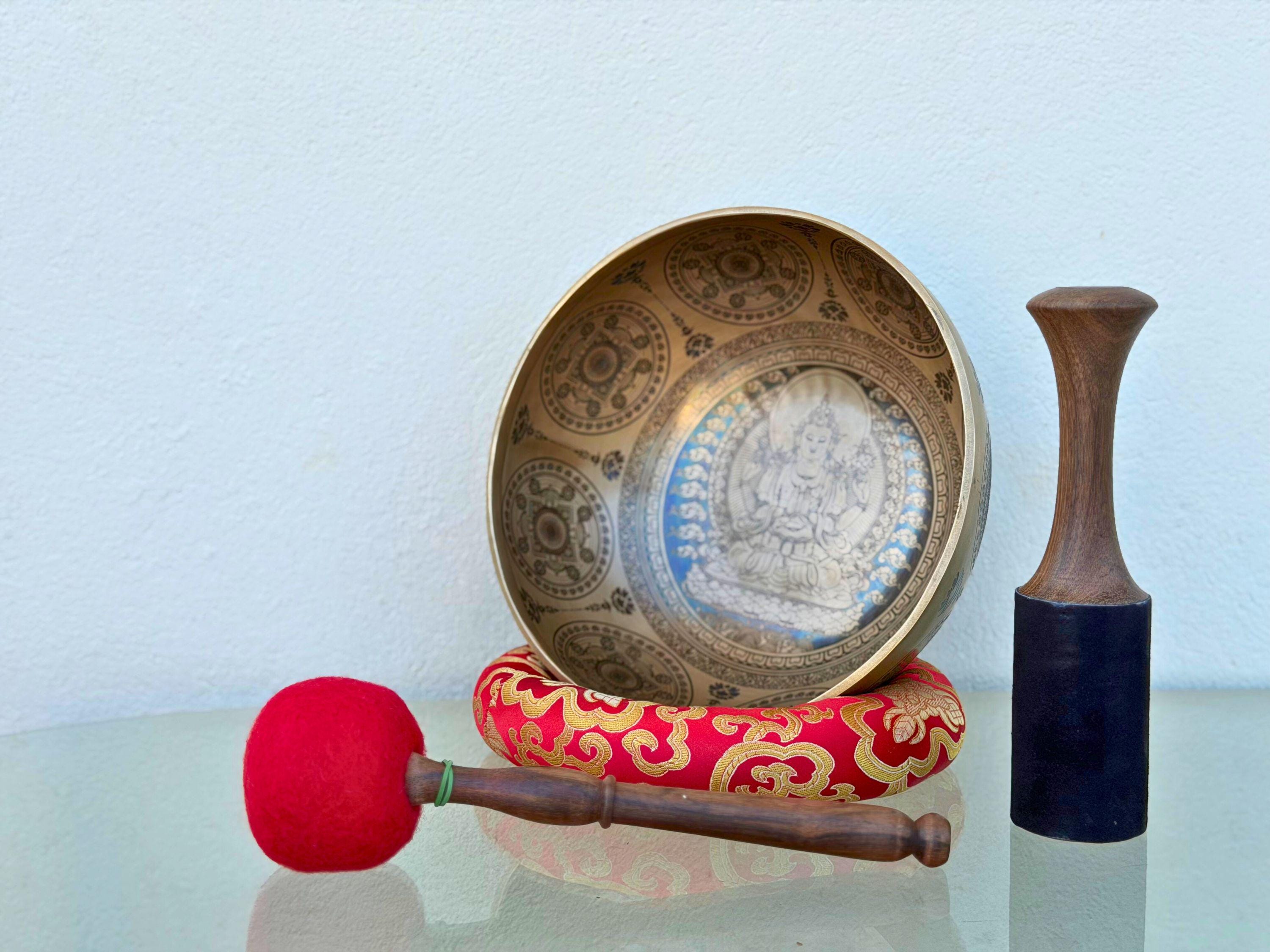Handmade Tibetan Singing Bowl with Avalokiteshvara Design | Seven Metal Sound Healing Bowl | Spiritual Decor