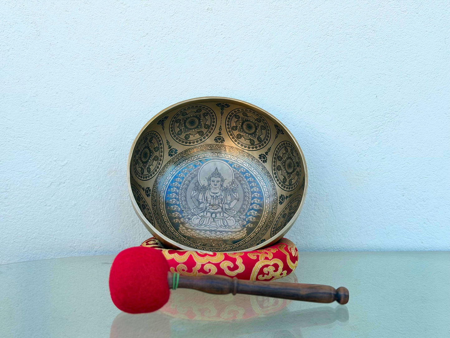 Handmade Tibetan Singing Bowl with Avalokiteshvara Design | Seven Metal Sound Healing Bowl | Spiritual Decor