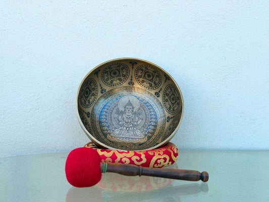 Handmade Tibetan Singing Bowl with Avalokiteshvara Design | Seven Metal Sound Healing Bowl | Spiritual Decor