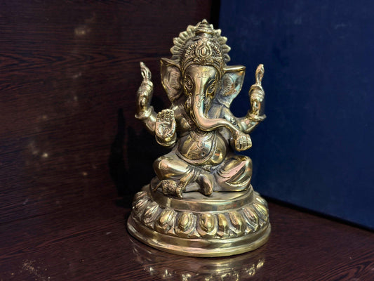 Handmade Brass Lord Ganesha Statue | Golden Hindu God Murti