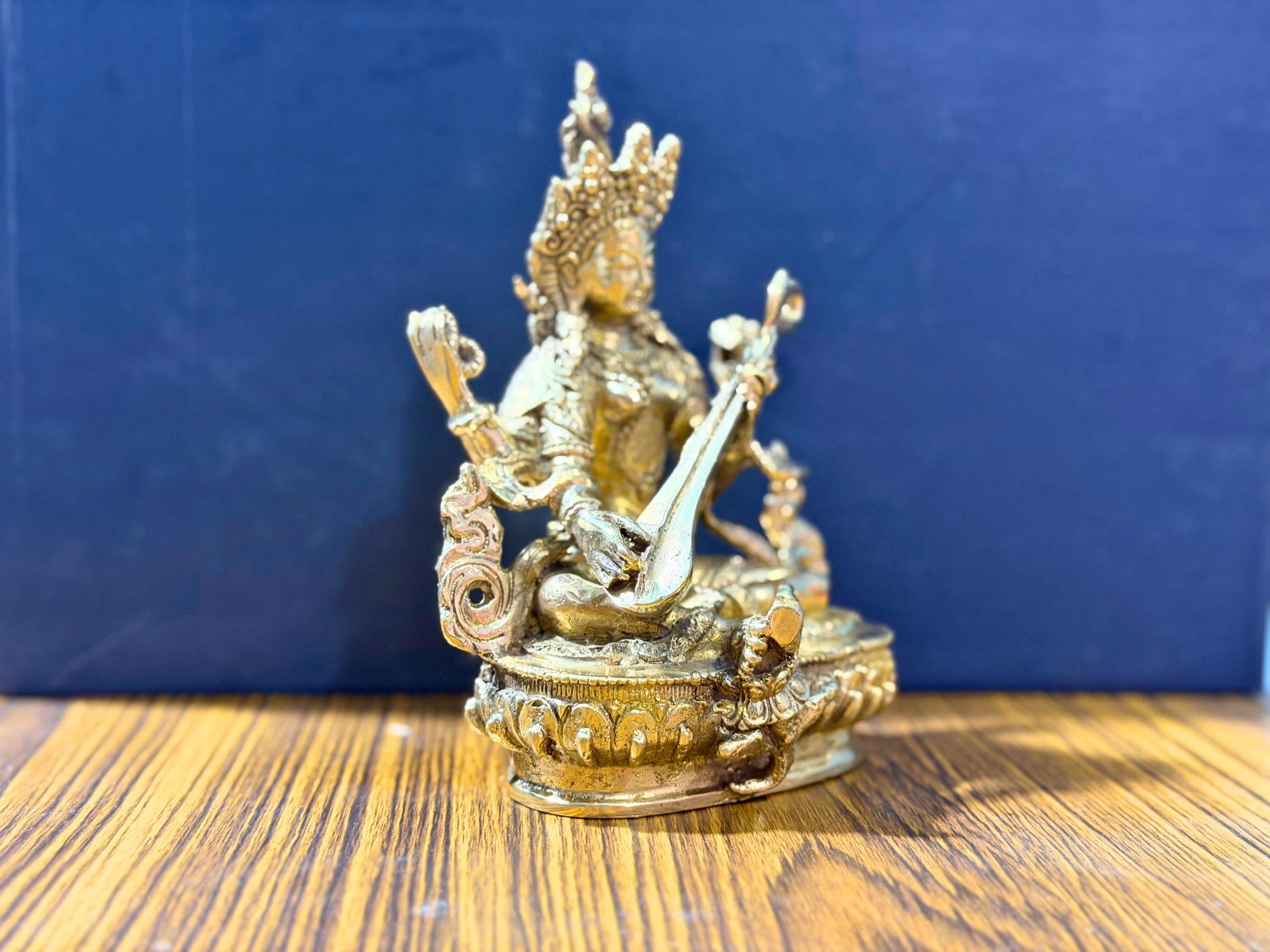 Handmade Brass Saraswati Statue – Goddess of Knowledge, Music & Art | Crafted in Nepal