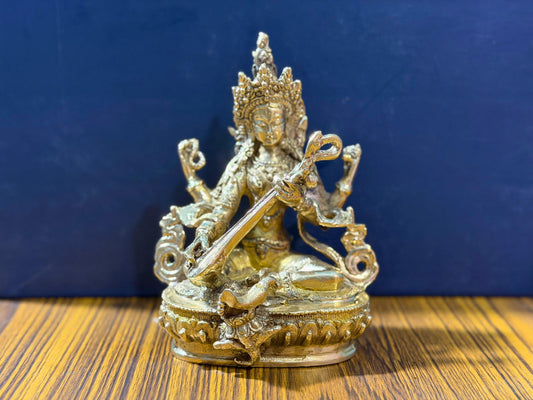 Handmade Brass Saraswati Statue – Goddess of Knowledge, Music & Art | Crafted in Nepal