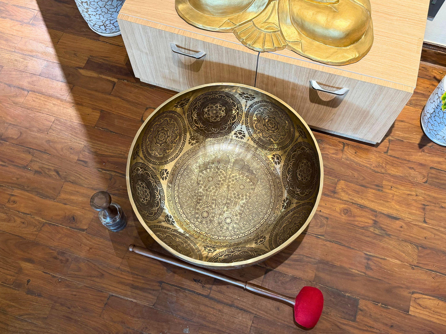 Extra Large 26" Buddha Feet Hand-Hammered Tibetan Singing Bowl | Master Healing Sound Bath Bowl
