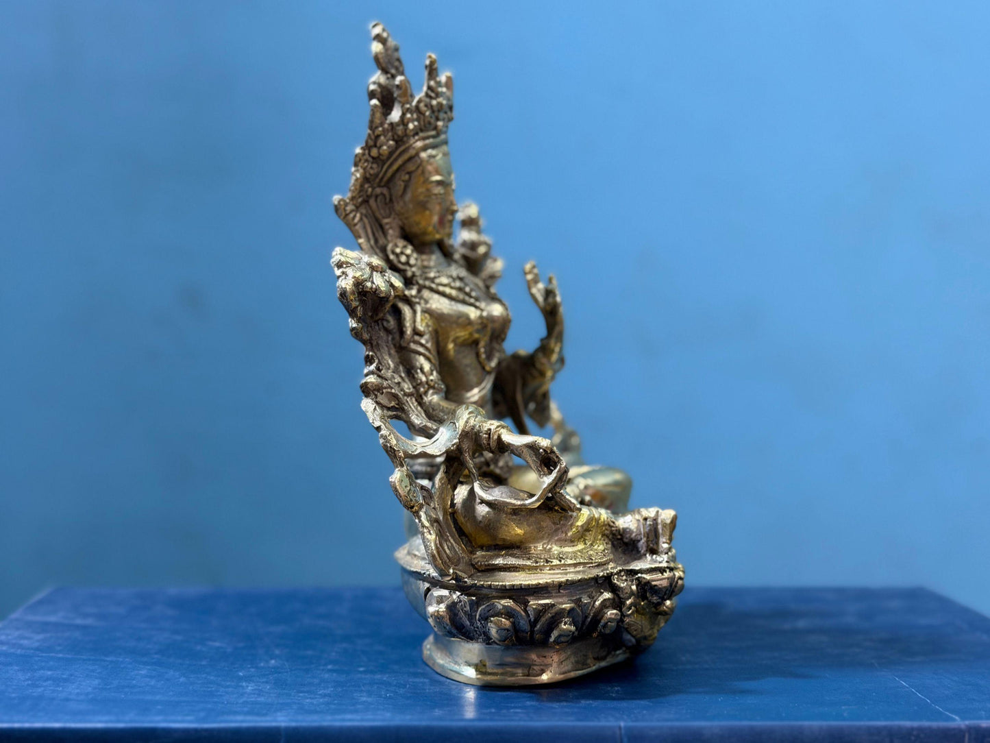 Handmade Green Tara Brass Statue | Gold Buddhist Altar Decor, 6 Inch