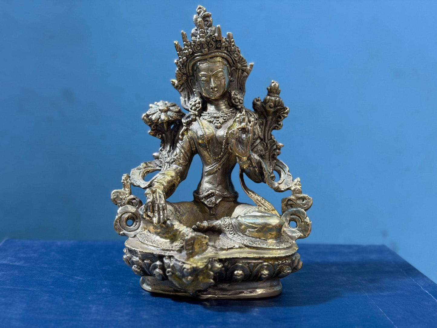 Handmade Green Tara Brass Statue | Gold Buddhist Altar Decor, 6 Inch