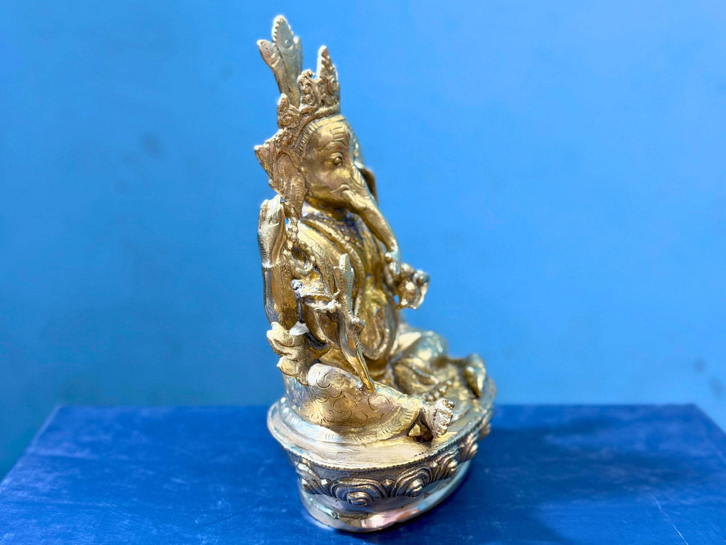 Handmade Golden Ganesh Statue - 6 inch tall Brass Sculpture - Handcrafted in Nepal