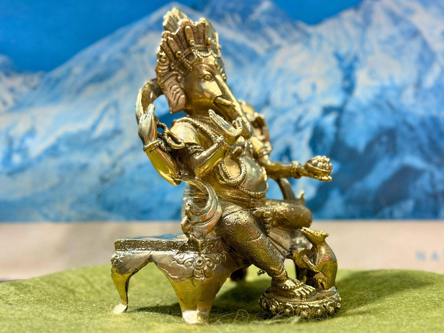 Handmade Golden Ganesh Statue - Sitting on a Chair Lord Ganesh Approx 6 inch Tall