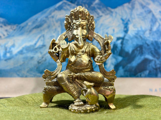 Handmade Golden Ganesh Statue - Sitting on a Chair Lord Ganesh Approx 6 inch Tall