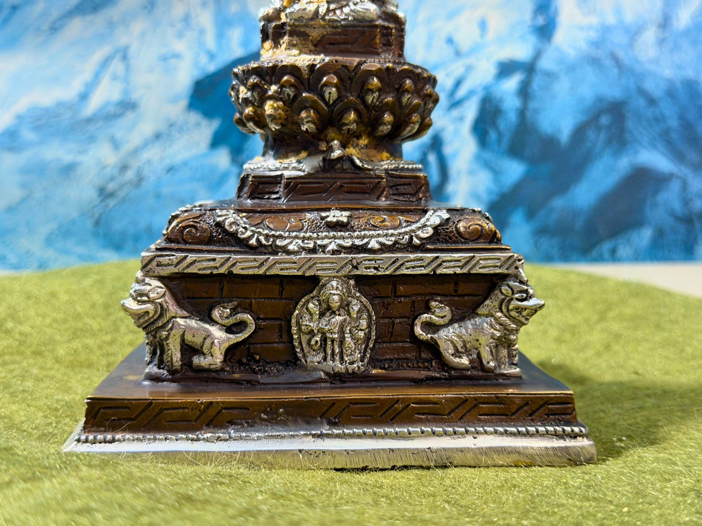 Handmade Tibetan Brass Chaitya with Buddha Statue – 8 Inch Sacred Stupa