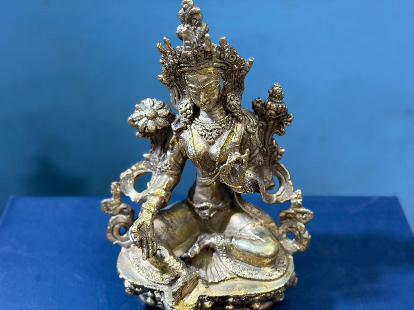 Handmade Green Tara Brass Statue | Gold Buddhist Altar Decor, 6 Inch
