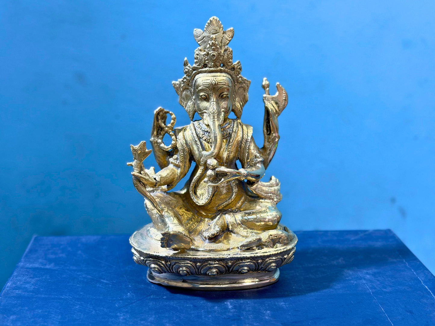 Handmade Golden Ganesh Statue - 6 inch tall Brass Sculpture - Handcrafted in Nepal