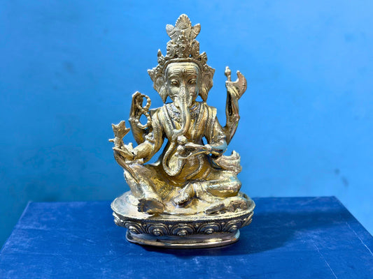 Handmade Golden Ganesh Statue - 6 inch tall Brass Sculpture - Handcrafted in Nepal