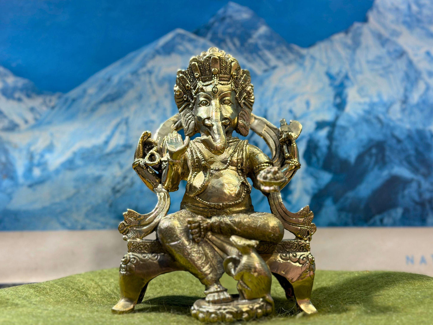 Handmade Golden Ganesh Statue - Sitting on a Chair Lord Ganesh Approx 6 inch Tall
