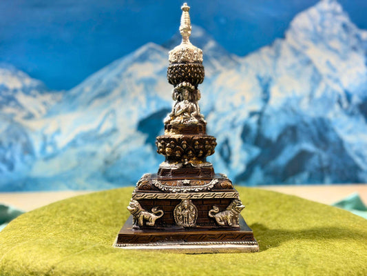 Handmade Tibetan Brass Chaitya with Buddha Statue – 8 Inch Sacred Stupa